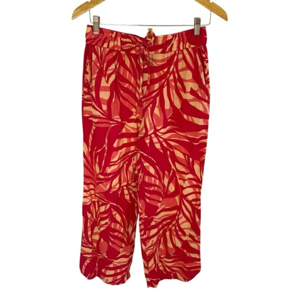 Tahari Linen Blend Womens Red Tropical Print Wide Leg Pants size Small‎ vacation